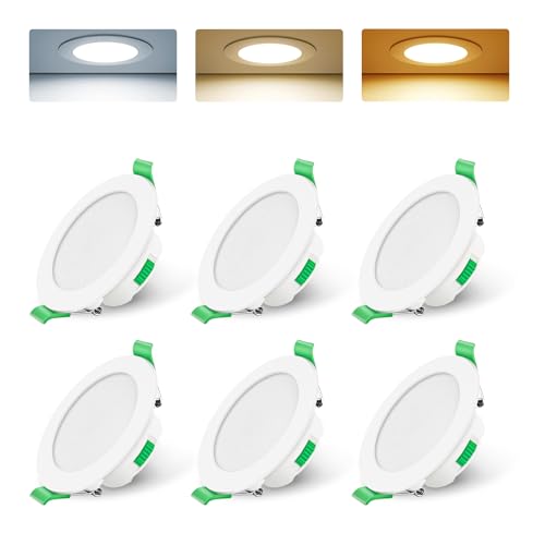 ALUSSO LIGHTING LED Downlights Ceiling 7W Ultra Slim Dimmable Recessed Ceiling Lights IP44 Spotlights for Bathroom, 3000K Warm White 4000K Neutral White 6500K Cool White Adjustable, Round White 6 Pack