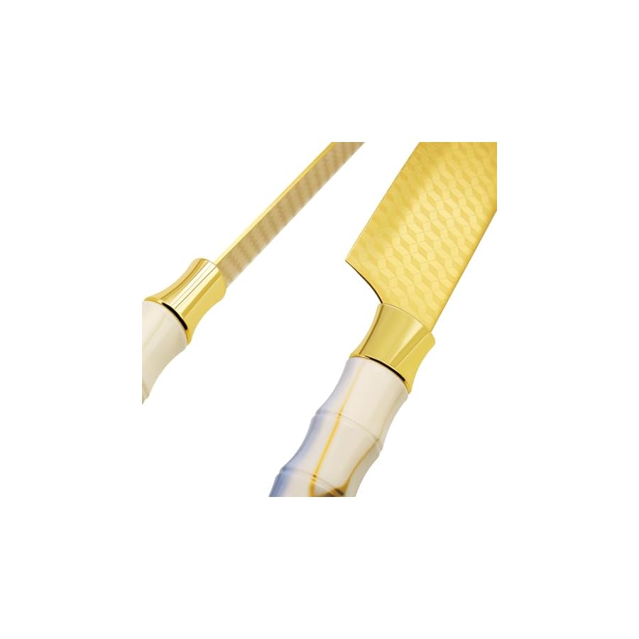 14-Piece Knife Block Set, Non Stick Sharp Stainless Steel Kitchen Knives Set, Knife Set with Self-Sharpener, Steak Knife, Bread Knife, Scissors, Chef Quality, Marbled Handle Gold Blade