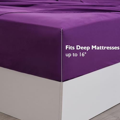 Parure de lit en coton doux violet pour lit simple, drap à poche profonde - 4