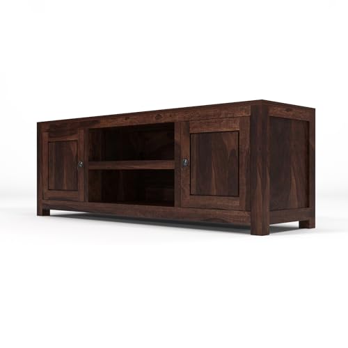 Image of Solid Sheesham Wood Entertainment TV Unit with 2 Door | Rosewood Tv Stand /TV Cabinet for Living Room | Bedroom | Wooden TV Panel with Shelf Stoarge | TV Table (Walnut)