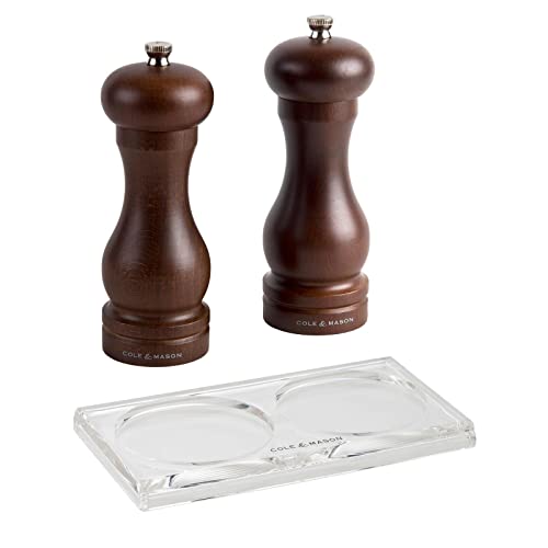 Cole & Mason 3-tlg. großes Holz Salz- & Pfeffermühlen Set 16.5 cm aus dunklem gebeizten Buchenholz mit Tablett aus Acryl Cover