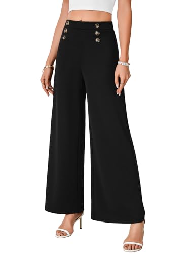 LYANER Women's Casual Wide Leg Pants High Waist Elastic Side Zipped Palazzo Business Trousers with Button Decorated3