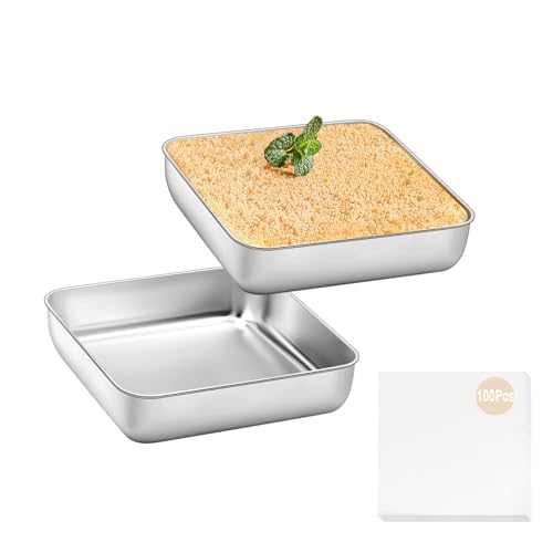 BEWOS 102 PCS 8-Inch Square Cake Pan Set - Includes 100 Baking Parchment Papers, Double Non-Stick...