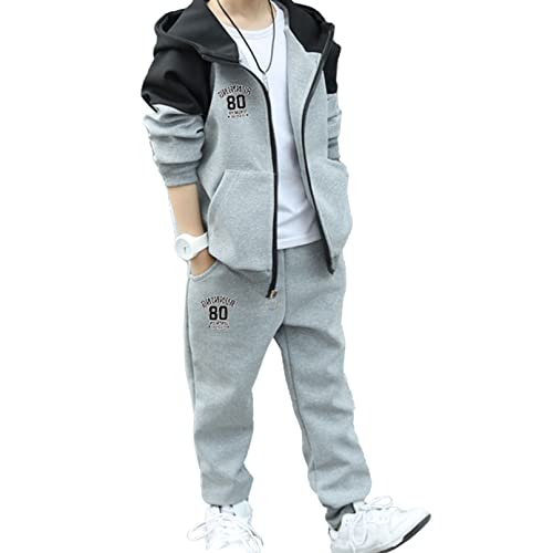 TiaoBug Chándal Niños Conjunto de Deportivos con Chaqueta de Deportivo con Capucha y Cremallera + Pantalones Largos Traje de Deportiva Primavera Otoño A Gris 11-12 años