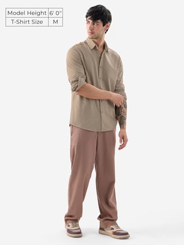 Image of The Souled Store Mudbrown Men and Boys Long Sleeve Collared Neck Button Front Solid Regular Fit Cotton Textured Shirts