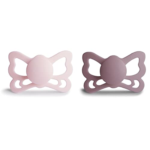 Image of FRIGG Butterfly Anatomical SilkySoft Silicone Baby Pacifier | Made in Denmark | BPA-Free (White Lilac/Twilight Mauve, 6-18 Months)