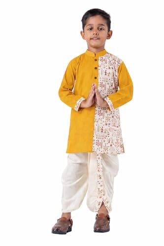 Image of Kids Ethnic Wear - Stylish Half Printed & Vibrant Color Pure Cotton Kurta with Elastic Waist Dhoti Set for Boys
