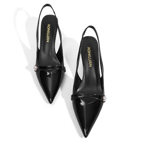 Image of Women Kitten Heels Slingback Low Heel Pumps Dress Shoes for Women Closed Pointed Toe Pearl Heels for Work Wedding Bridal