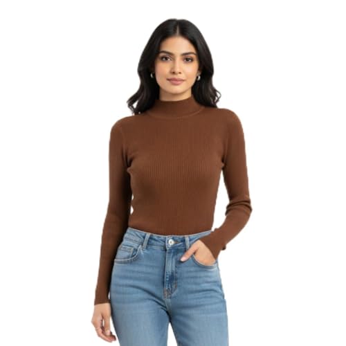 Image of Women Ribbed High Neck Full Sleeve Pullover Sweater|Solid Stretchable Slim Fit Winter Wear Top for Casual & Office Use