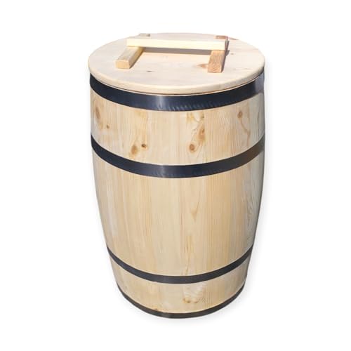 Tonneau en bois avec couvercle - Tonneau de pluie rustique ou de rangement en bois naturel - Fabriqué à la main et résistant aux intempéries - Idéal pour...
