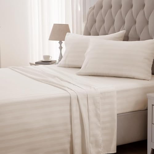 Image of Cott Linen Flat Bed Sheet with 2 Pillow Covers 600 Thread Count 100% Egyptian Cotton Bedsheet Double Size Beige Stripe Sheet