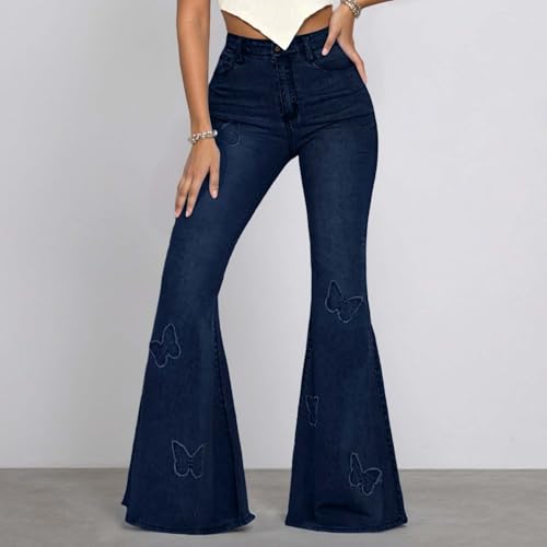 Bell Bottom Jeans for Women Butterfly Embroidered Graphic Elastic High Waisted Jean Raw Hem Denim Pants with Pockets3