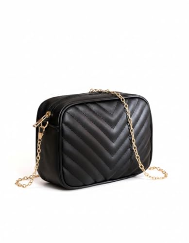 Disparatte Bolso Bandolera Mujer Negro Acolchado con Cadena Dorada – Bolso Pequeño Cruzado Elegante, Cierre de Cremallera, Bolso de Hombro para Uso Diario y Eventos