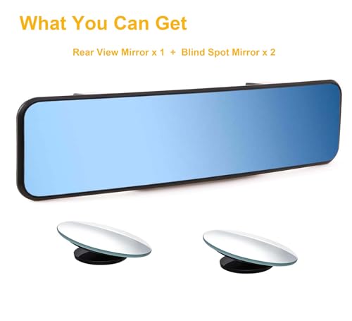 Image of Universal 11.4 Inch Clip On Rearview Mirror - Anti Glare, Wide Angle - Convex - Blue Tint (Bonus 2 PCS Blind Spot Mirrors)
