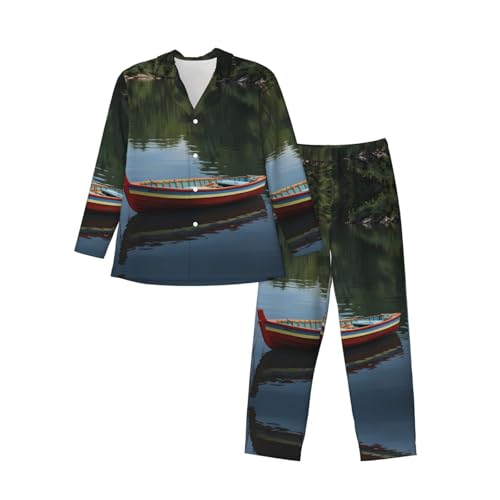 Pyjama long homme noir à motif bateau rouge imprimé sur le lac en polyester