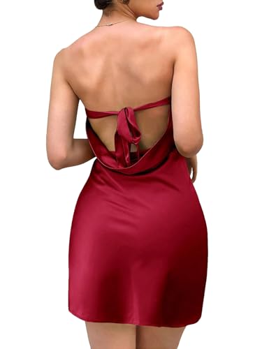Photo 1 of Women's Satin Tube Dress Strapless Tie Back Draped Backless Party Night Mini Dress X-Large Burgundy