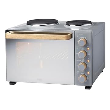 Cooks Professional Mini Portable Oven with Hobs | Energy Efficient Electric Countertop Cooker with Two Hobs & Wire Rack Baking Tray | Kitchen Table Ovens | 34L Capacity | Grey Nordic