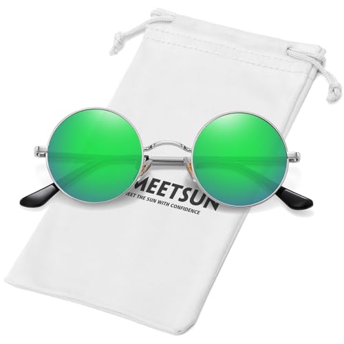 Image of MEETSUN Small Round Polarized Sunglasses for Men Women UV400 Metal Frame | Retro hippie circle sun glasses, for driving costume, party accessories, lightweight, stress-free fit, spring hinges