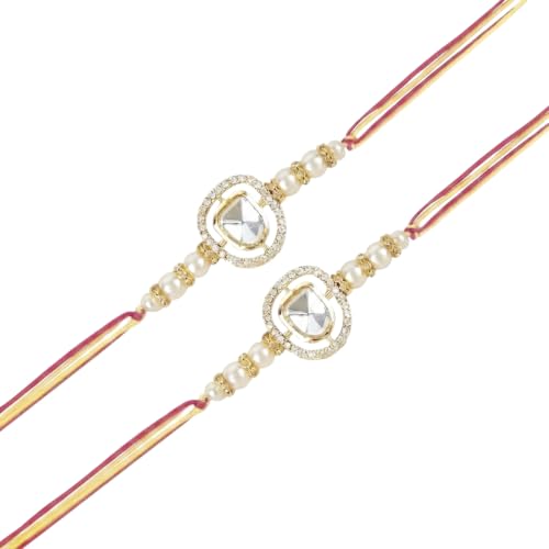 Image of I Jewels Designer Kundan Pearl Combo Rakhi Set of 2 with Roli Chawal & Rakshabandhan Card For Brother /Bro /Bhai /Men