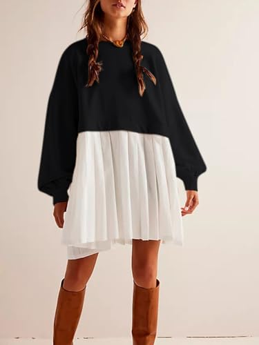 Image of Dokuritu Sweatshirt Dress Women Crew Neck Long Sleeve Patchwork Pullover Tops Flowy Oversized Sweatshirt Mini Dress