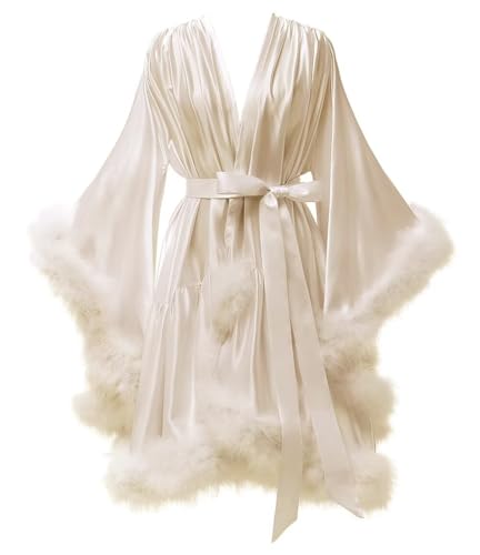 Yexinbridal Feather Fur Robe Silk Satin Bridal Dressing Gown Sexy Illusion Lingerie Nightgown Bathrobe Sleepwear