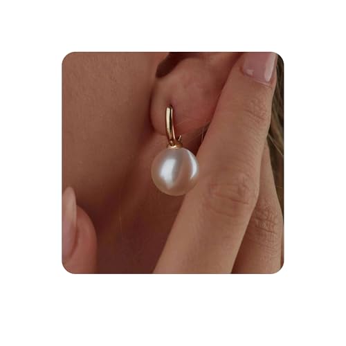 Moodear Pearl Earrings for Women Trendy 14K Gold Plated/925 Sterling Silver Pearl Drop Hoop Earrings Elegant Hypoallergenic Gold Pearl Dangle Earrings Wedding Jewelry Gifts for Women
