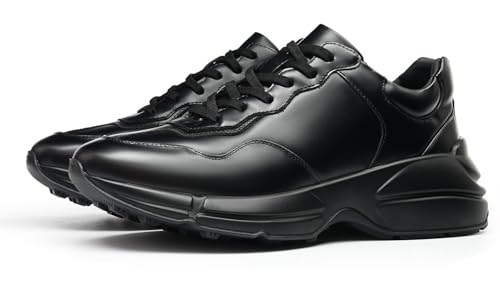 Santimon Men’s Chunky Black Sneakers – Fashion Leather Athletic Walking Shoes with Thick Sole, Casual Streetwear Trainers for Gym, Running & Daily Wear