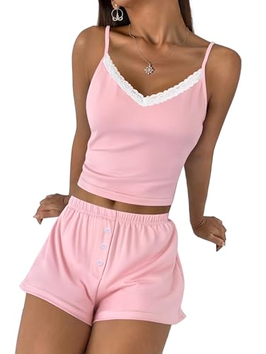 Image of Ekouaer Cami Pajama Sets Y2K 2 Piece Lace Crop Top and Shorts Sexy Pjs Summer Lingerie Sleepwear Nightwear for Women