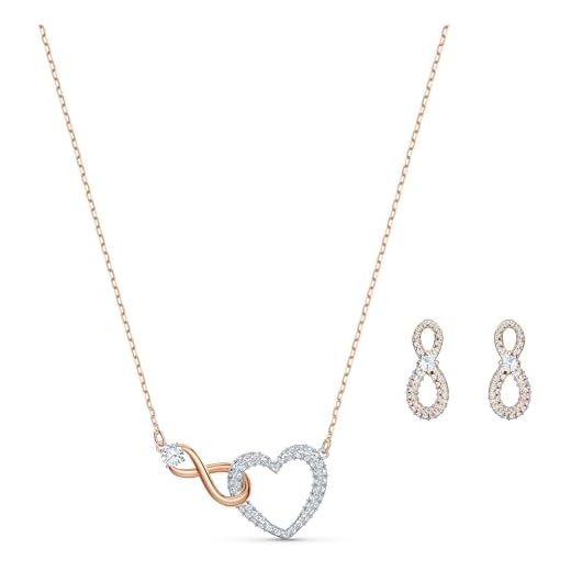Swarovski Infinity Necklace and Stud Pierced Earrings Set with Clear Crystal Pavé and Mixed Metal Plated Finish in Infinity and Heart Design