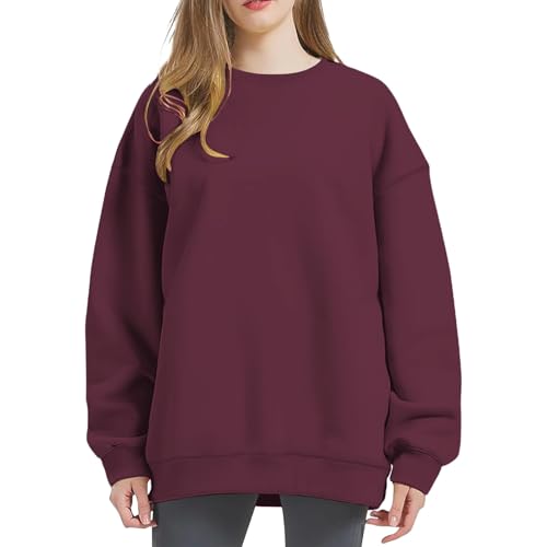 Sudadera Oversize para mujer – Top de mujer chic casual suéter manga enrollable camisa cuello redondo tops primavera otoño sudadera color sólido Tops simple suéter, Vino, L