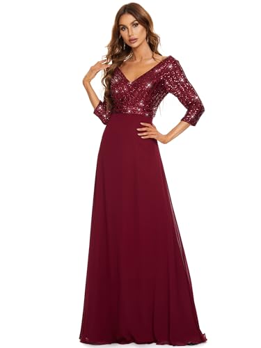 Ever-Pretty Women's Elegant Formal Dress V-Neck Long Sleeve Sequin Mother of The Bride Dresses Maxi Chiffon Evening Gown Burgundy US10