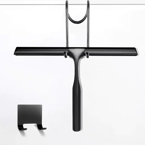Image of 10 inch Stainless Steel Shower Squeegee for Shower Glass with Adhesive Hook for Cleaning Bathroom Glass Doors Car Window Mirrors and Tile Wall (Matte Black + Hook)