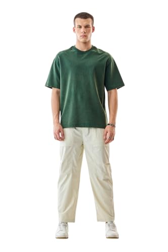 Image of SNITCH Men Cargo Pants | Straight Fit Solid Pattern with Utility Pockets & Adjustable Belt | Durable Nylon Cotton Blend for Casual & Streetwear Styling
