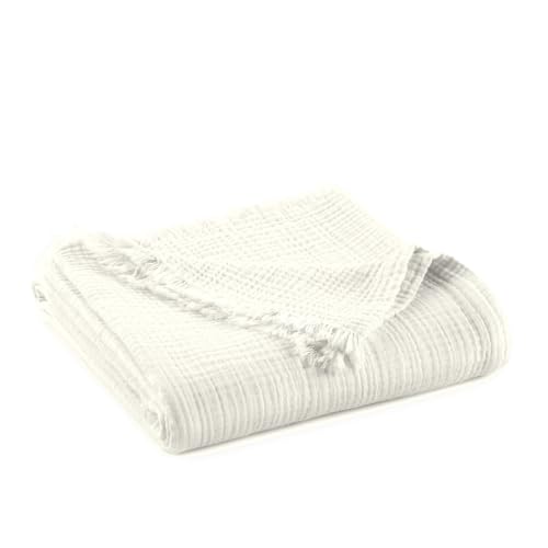 Image of 100% Cotton Organic Muslin Throw Blanket for Adults GOTS & Fairtrade Certified Organic Cotton - Couch Living Room and Bedroom Decor - 4 Layer Super Soft and Cozy (White, Throw)
