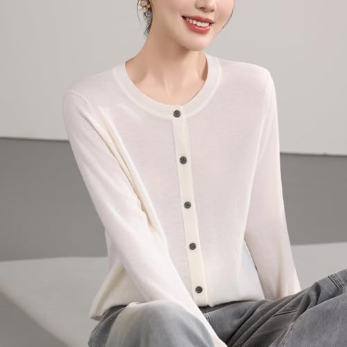 Image of Women's 100% Merino Wool Crew Neck Cardigan Sweater Top Long Sleeve Button Down 2025