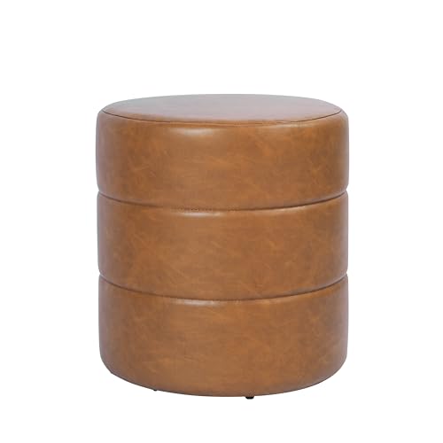 Image of HomePop 18 inch Round Ottoman - Camel Brown Faux Leather