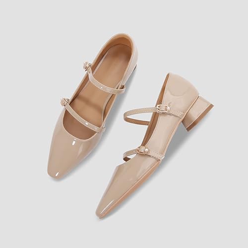 Women's Patent Leather Low Block Heel Mary Jane Dress Shoes Fashion Pearl Adjustable Ankle Buckle Pointed Closed Toe Mid Chunky Heel Pumps for Wedding Bride Work4