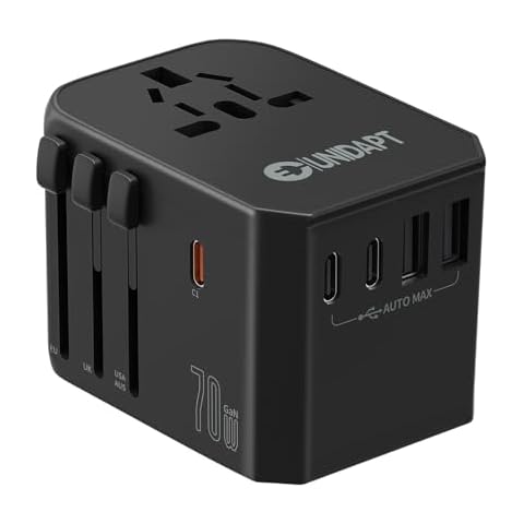 Unidapt Universal Travel Adapter, 70W International Plug Adapter with 3 USB-C PD Fast Charging & 2 USB-A Quick Charger Adaptor; Worldwide Wall Plug for USA EU UK AUS (Black) Cover