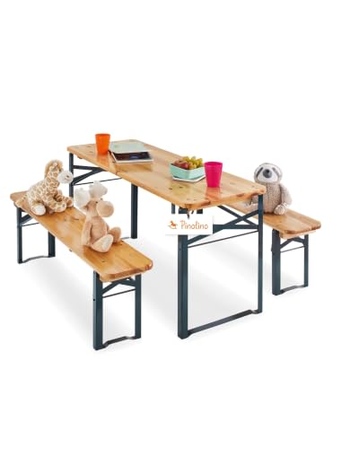 PINOLINO Sepp Kinder Festzeltgarnitur 3-teilig I Klappbare Kindersitzgruppe aus Holz & Metall I Outdoor Tisch mit 2 Bänken für Garten Geburtstag & Party I Für Kinder ab 3 Jahren
