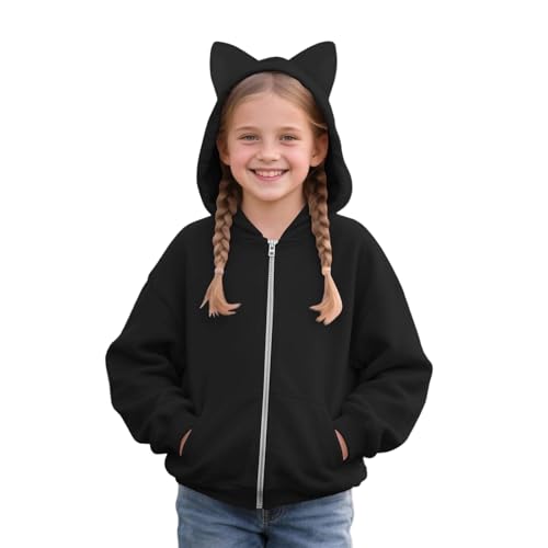 Girls Zip up Hoodie Cute Cat Shirts Long Sleeve Kids Fall Casual Full Zipper Hoodies with Pockets Kitten Ear Hooded Sweatshirts Baggy School Jacket Comfy Teens Clothes 2025 Black