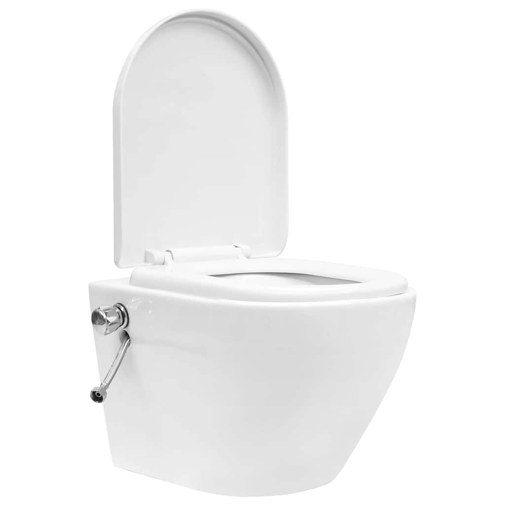 WC mural sans bord de chasse d'eau avec fonction bidet en céramique - Blanc - Système d'abaissement automatique - Fixation dissimulée