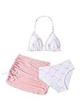 Verdusa Girl's 3 Piece Cute Bow Bikini Set Halter Triangle High Waisted Bathing Suit with Cover Up Pink 11Y