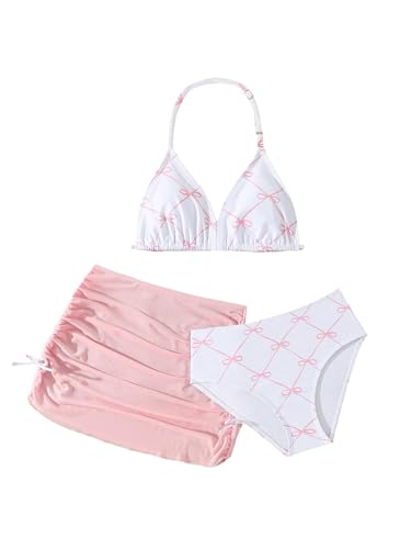 Verdusa Girl's 3 Piece Cute Bow Bikini Set Halter Triangle High Waisted Bathing Suit with Cover Up