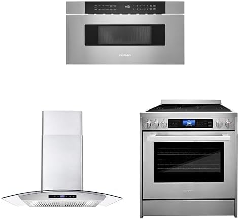 COSMO 3-Piece Kitchen Appliance Packages, 30" Microwave Drawer No Handle fits Wider Cabinets, 30" Wall Mount Range Hood and 30" Electric Range