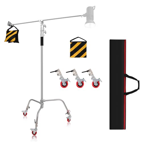 C Ständer aus Edelstahl mit Galgenarm, AQIRUI 285 cm verstellbares Lichtstativ mit 107 cm Haltearm, Griffköpfen, abnehmbaren Rädern und Aufbewahrungstasche für Produktporträt-Videofotografie