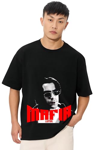 Image of LEOTUDE Oversized Half Sleeve Cottonblend Graphic Print Round Neck Drop Shoulder Baggie Tshirt for Man (Color Black)