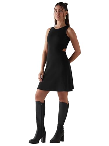 Image of Bewakoof Women's Above Knee Solid Slim Fit Sleeveless Round Neck Cotton Blend Bodycon Dress