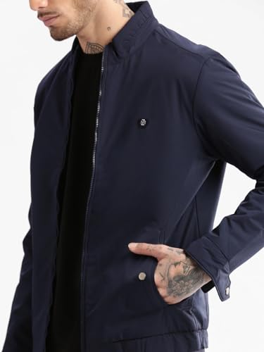 Image of SHOWOFFFF Men Solid Bomber Jacket | Mock Collar Full Sleeves Nylon Jacket for Mens | Slim Fit Jacket for Men's