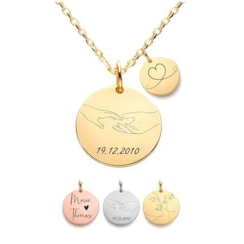 Personalisierte Halskette Damen mit Gravur – Partner Kette für Sie mit graviert mit Datum oder Namen zum Valentinstag - Geschenk für Freundin & Paare (Gold, Silber, Roségold)