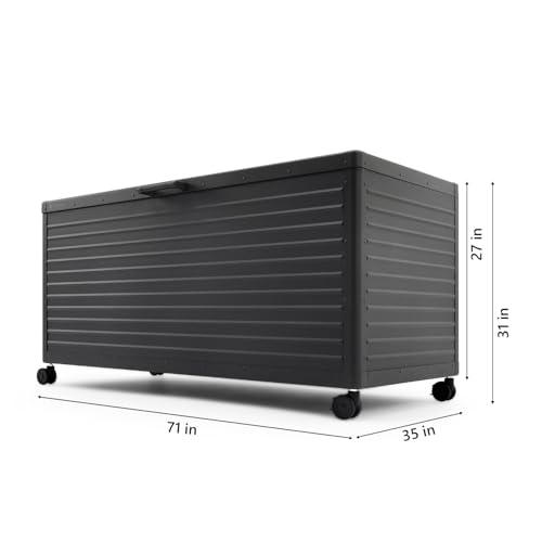 Image of MIRADOR 281 Gallon Outdoor Storage Box with Wheels & Soft-Close Lid, Waterproof Metal Deck Box for Patio Cushions, Garden Tools & Pool Accessories, Charcoal